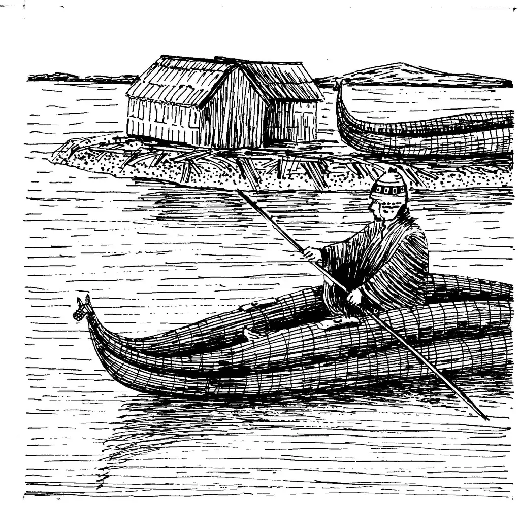 Indijanec na čolnu iz trstičja na jezeru Titikaka